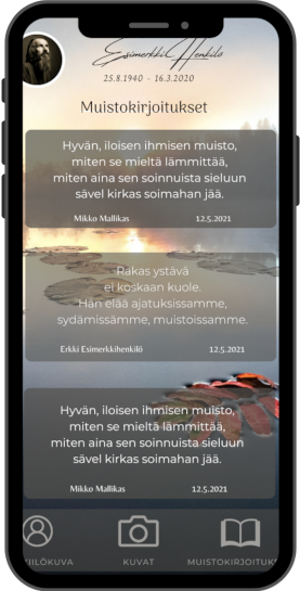 Profiilin kolmas sivu jossa haudan vierailijat ovat voineet jättää muistokirjoituksensa